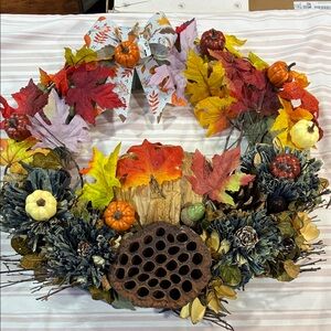 Autumn Harvest Wreath with Pumpkins and Leaves